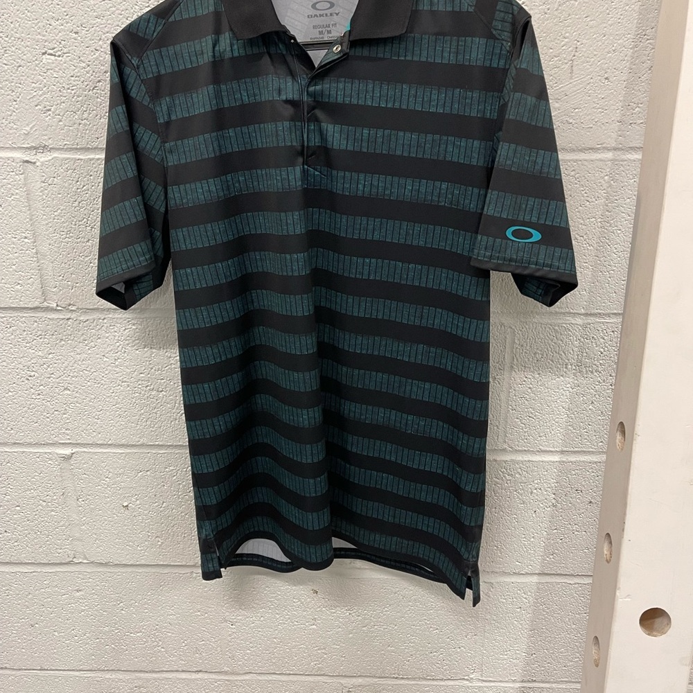Oakley Men's Polo with Black and Teal Stripes